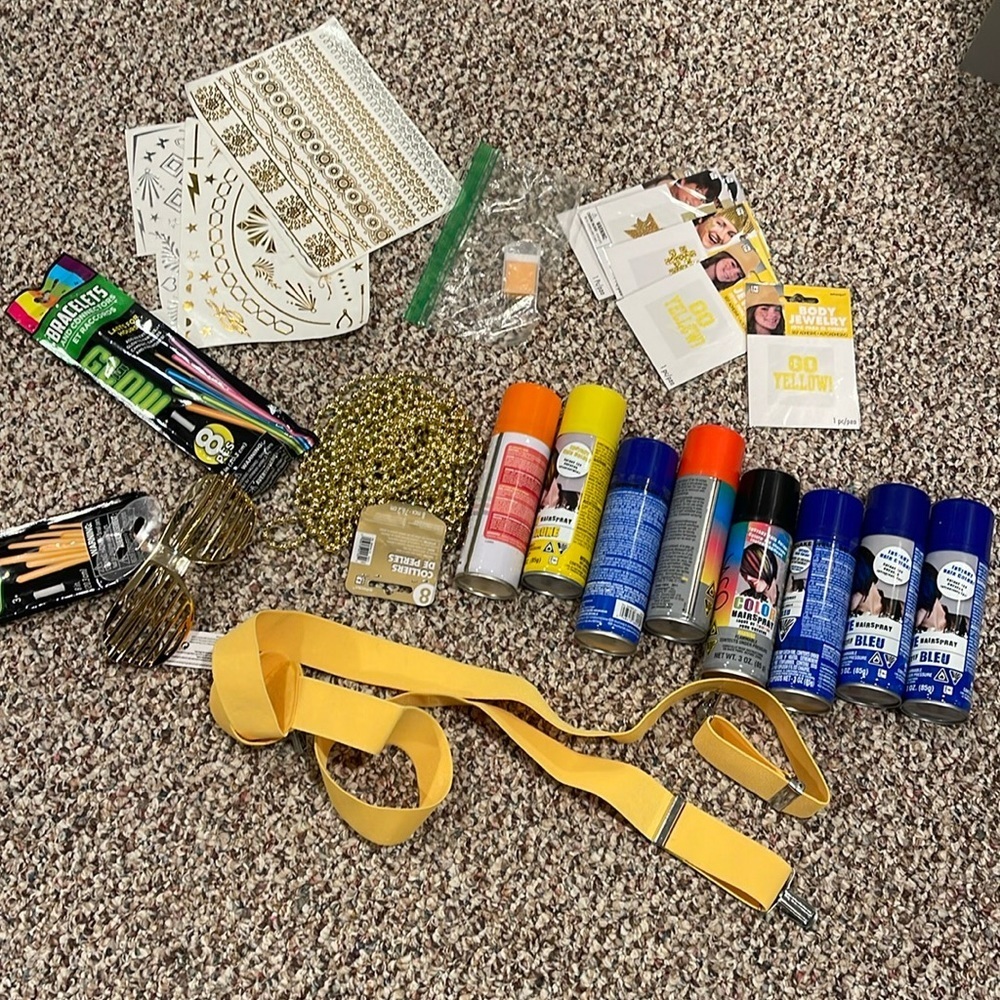 Large assortment of color war items for sleep away camp